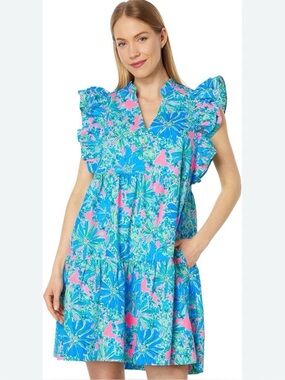 Lilly Pulitzer Floral Cotton Dress Pink Green Blue Ruffle Sleeve Pockets M